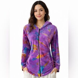 ARK Imports Tie Dye Velour Hoodie Purple Rainbow Zip Up Boho Small